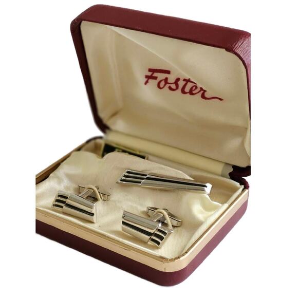 Vintage Foster Silver Cufflink and Tie Clip Set, NEW OLD STOCK, Gifts for Him - Picture 1 of 9